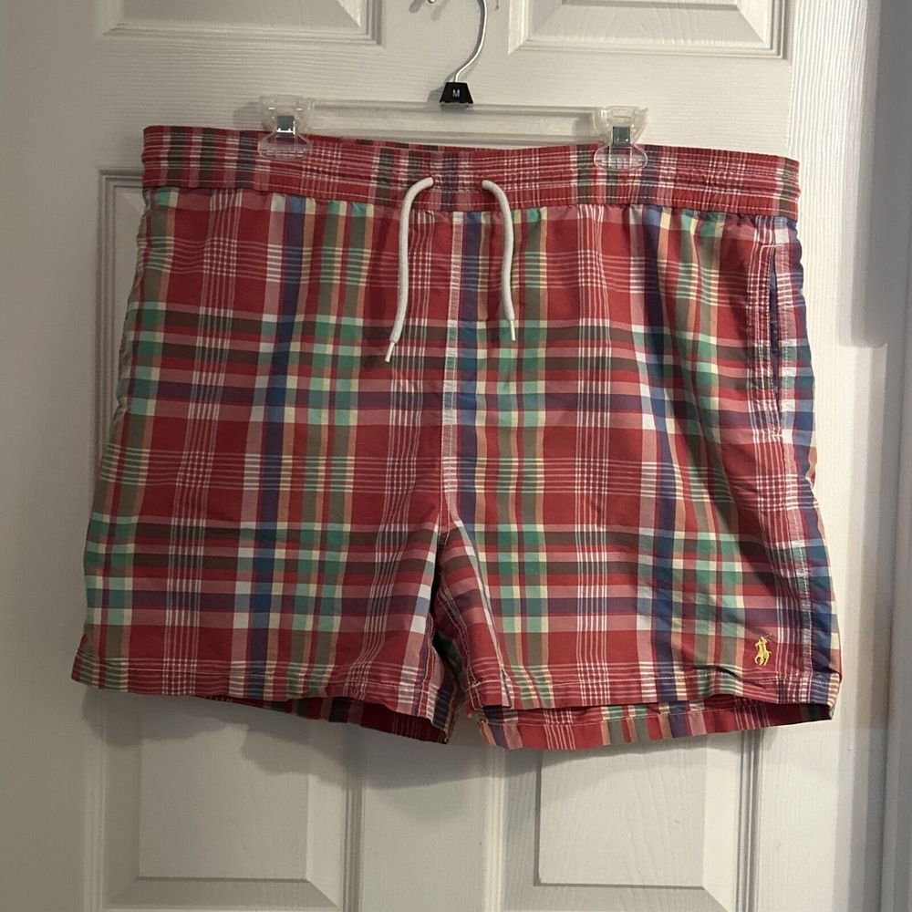 VTG Polo Ralph Lauren‎ Swim Trunks Men XL Pink Plaid Lined Pockets